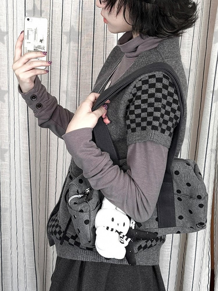 with Cardigan Cat Daily Checked Kawaii Dark Sleeve Pattern Motif Short Gray
