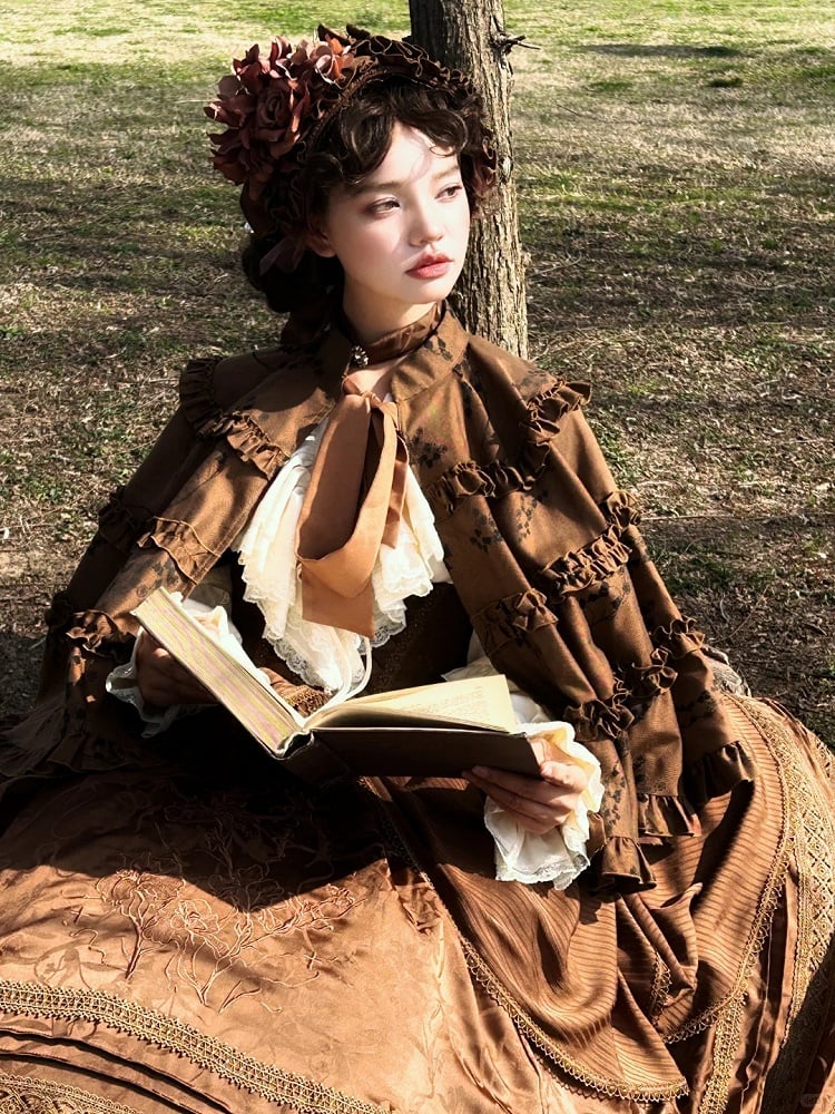 Brown Lolita Banded Cape Trims with Collar Ruffled