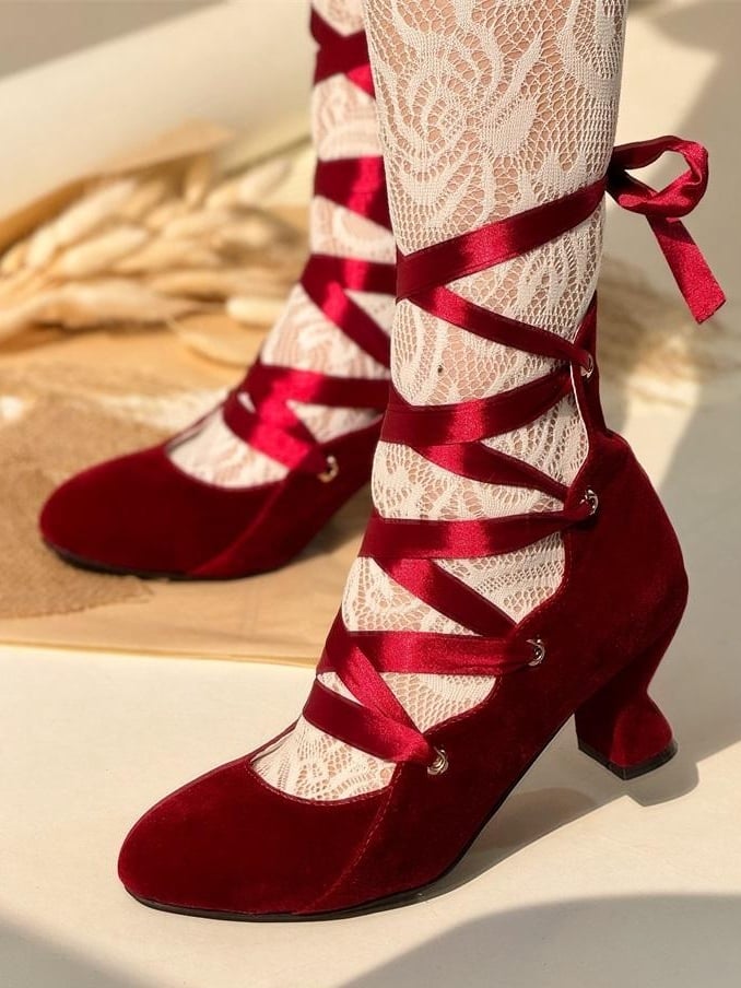 Design Shoes Red Lace-Up Wine Velvet in Toe Closure Pointed Classic Lolita