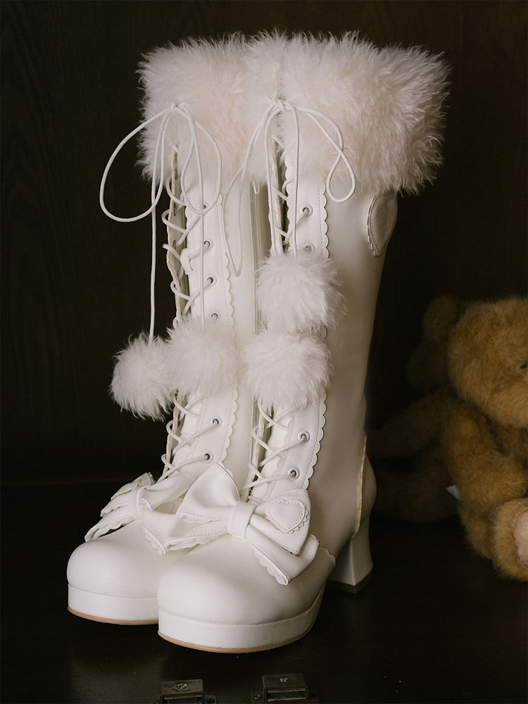 White Embellishments Cuff Lace+Zip Lolita Top Boots Bow - Knee-High with System Sweet Plush