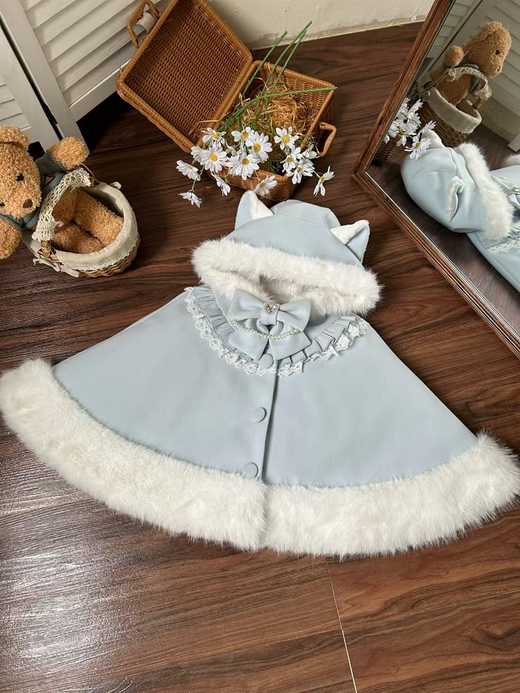 Fur Hooded Baby Cape Winter Blue Trim Woolen Lolita Faux Cat-Ear