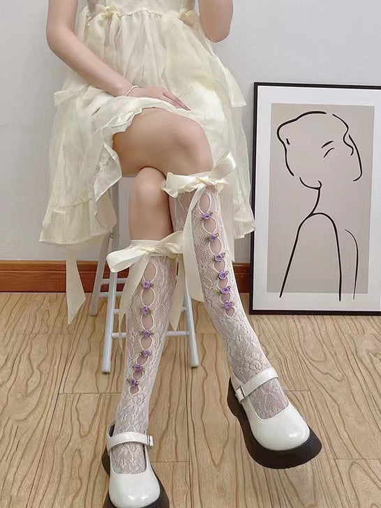 Decorations Apricot/Purple Rose 3D Lace Calf with Ribbon Socks Creamy White Cutout Bow Lolita
