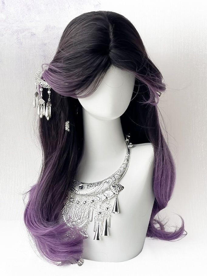 黒紫のオンブレロングウェーブ合成ウィッグ(カーテンバング付き)