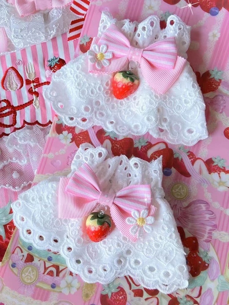 Cuffs Wrist Strawberry Charm Striped WhitePink Pattern Decorated Bowknot Lace