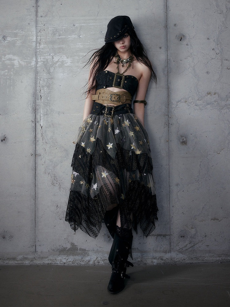 Punk Rococo Yellow Three-Strap Cross Metal Buckles with Black Embroidery Bustier