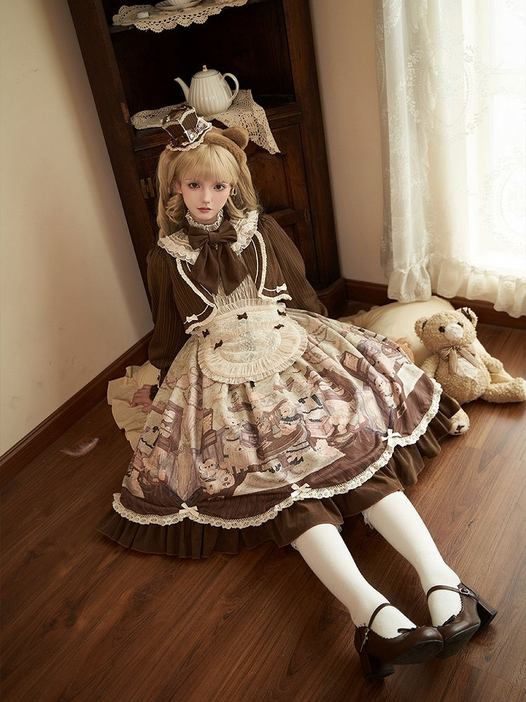 Drucken Lolita Zwei Teddy Haus Stücke Kleid Kaffee Design Lange Grüne Ärmeln