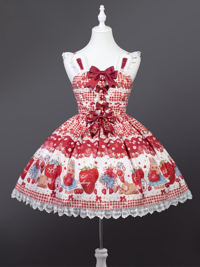 春のイチゴとウサギのリボンがアクセントのウサギ耳デザインワインレッドロリータジャンパースカート