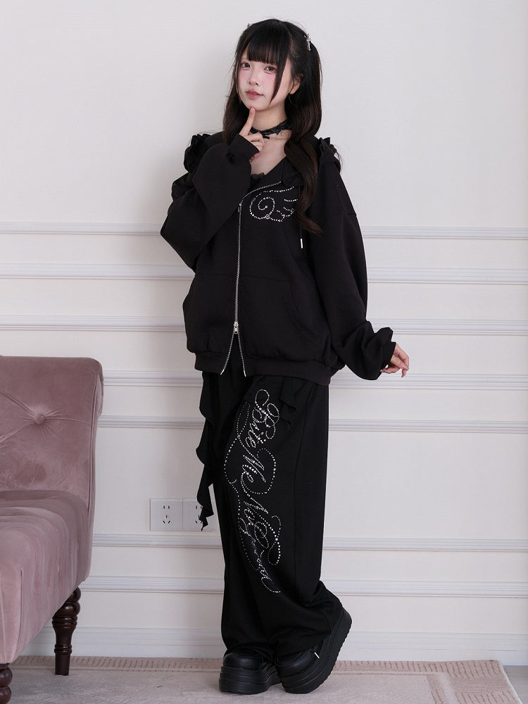 Black Wing-Shaped Rhinestone Zip-Up Hoodie with Ruffle Trim - No Genki