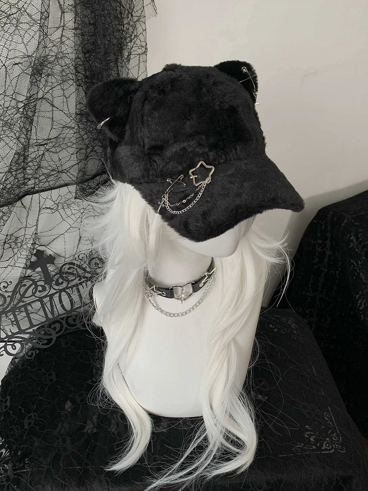 Punk - Cat-Ear Detail Japanese with Cap Cute Baseball Black Style Chain
