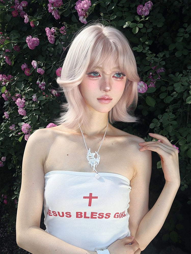 Length Bangs Wig With Short Curtain 35CM Light Pink