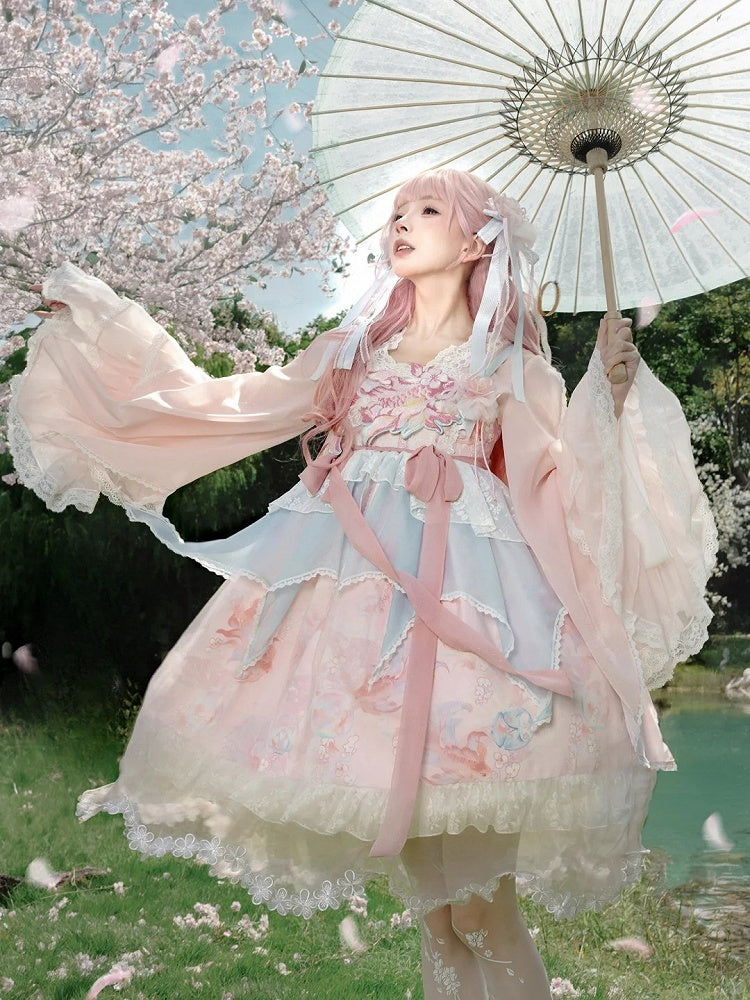 Blouse Han Bell with Lolita Pink Sleeves Lace-Trimmed