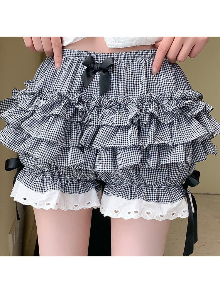 Checkered Cotton Bloomers with Lace and Bow Details - Lan Jian Chuan