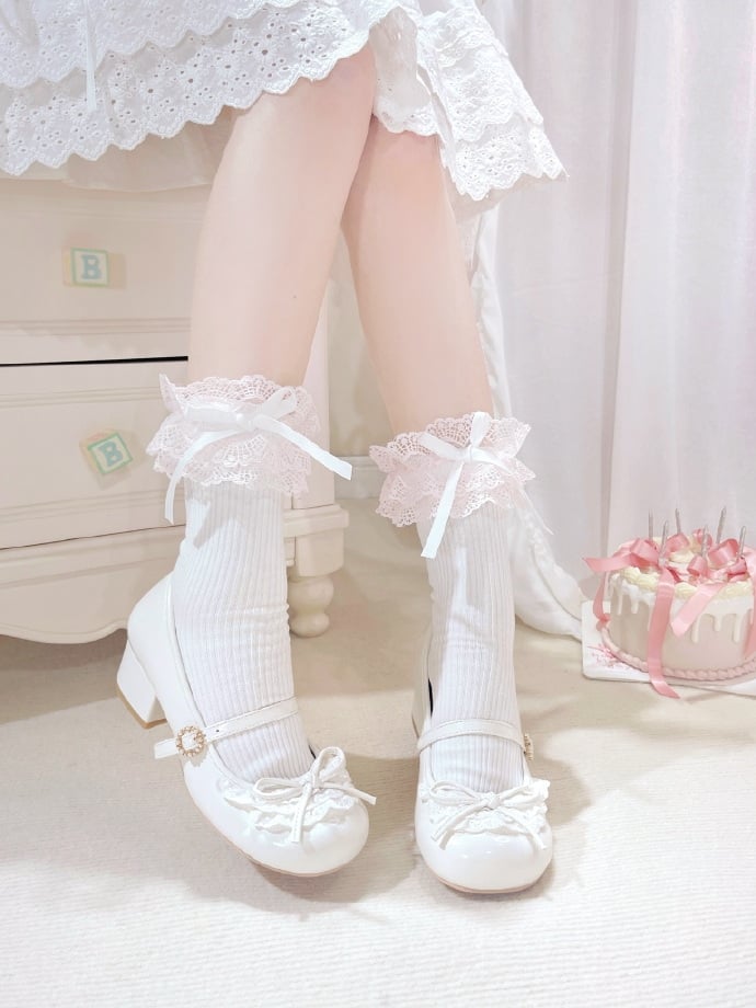 Accent Heels Toe Trim Mary Knotted White 4.3CM Lace Bow Janes Round