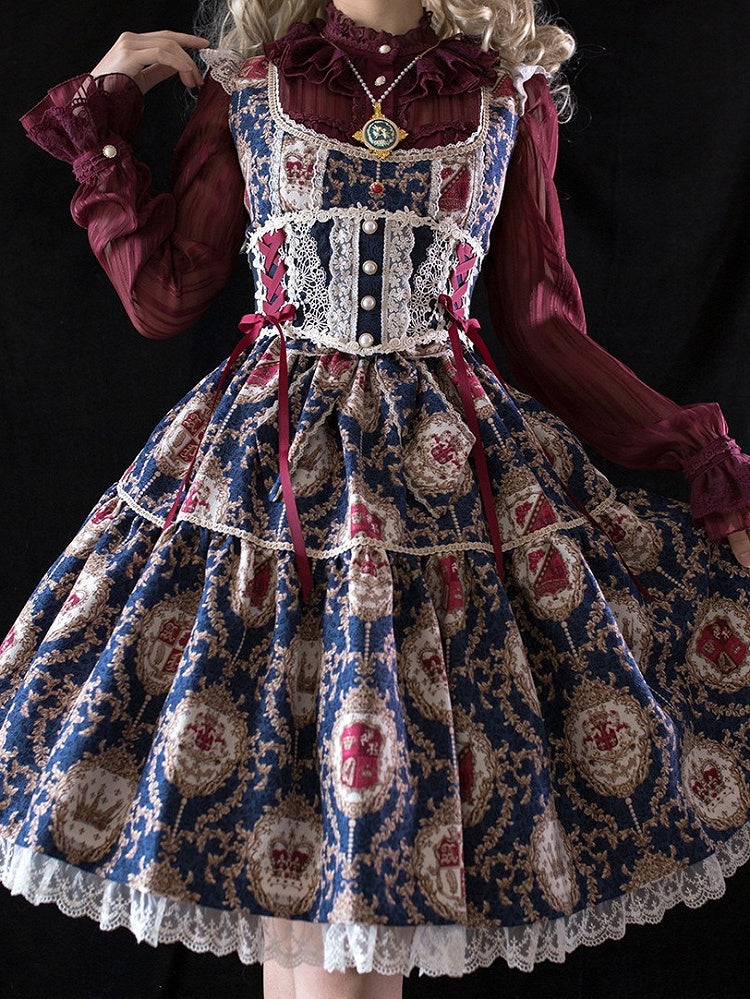 Blue & Red Lolita Corset with Lace and Pearls - Miss Point