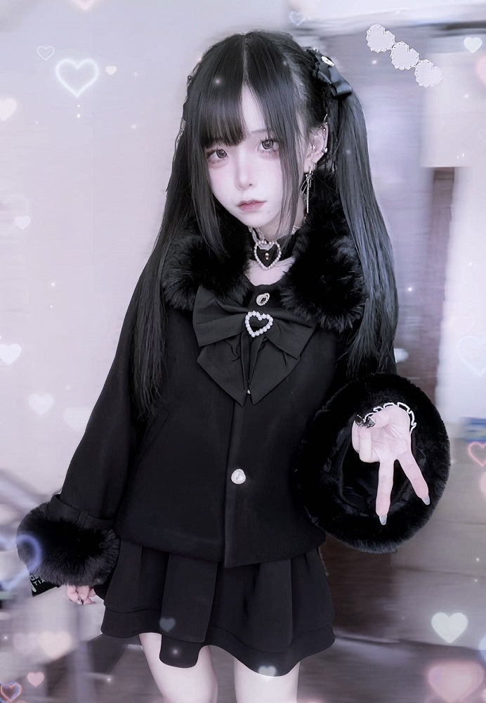 Buttons Rhinestone in Jirai Short with Coat Kei Accents Beige/Black Convertible Plush Fleece-Lined Detachable Heart