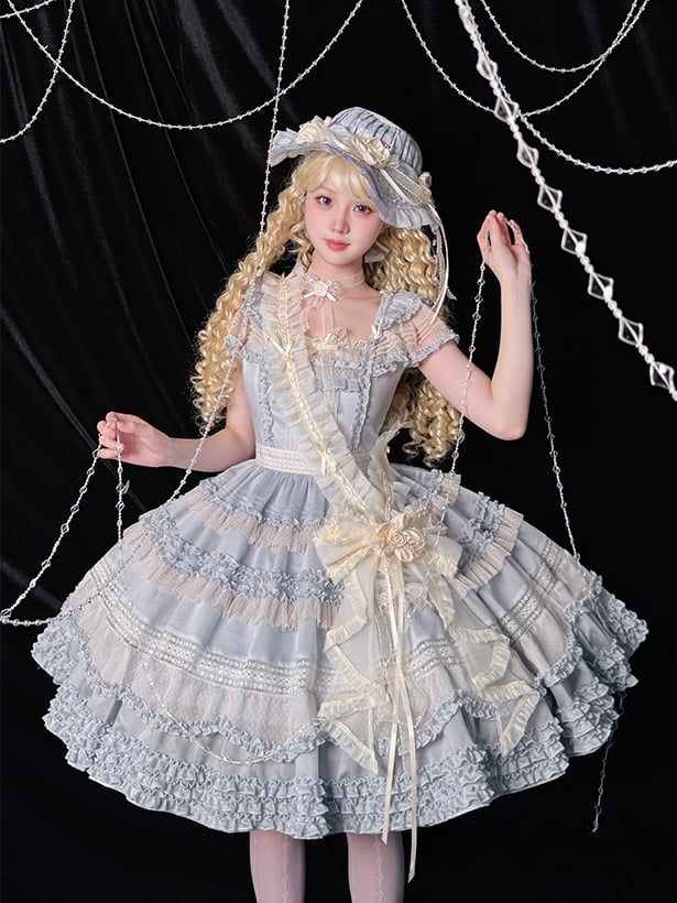 エレガントなトリムプリーツフリルクラシックロリータドレスブルーの詳細と