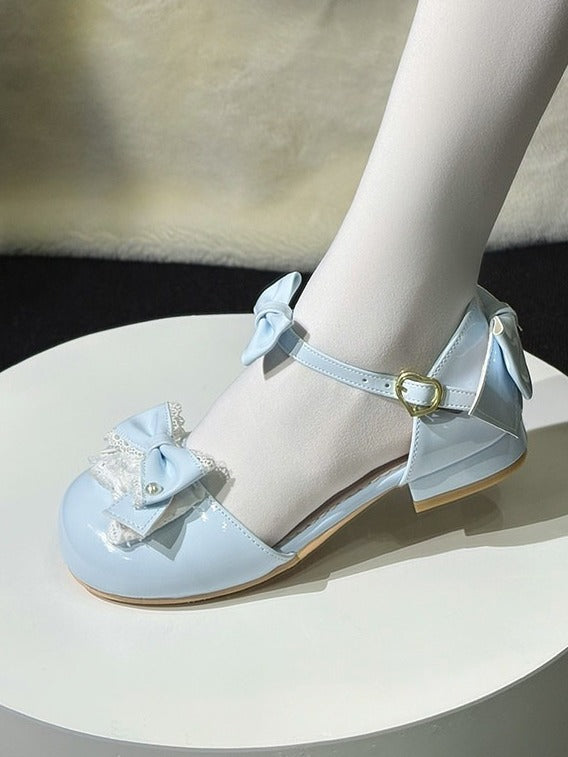 Chic Blue Bow Lace-Trimmed Round-Toe Low Heels - Fairy Godmother