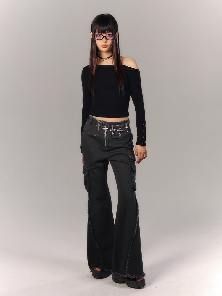 Punk Off-Shoulder Floral Top Studded Black with Back Asymmetrical Sheer