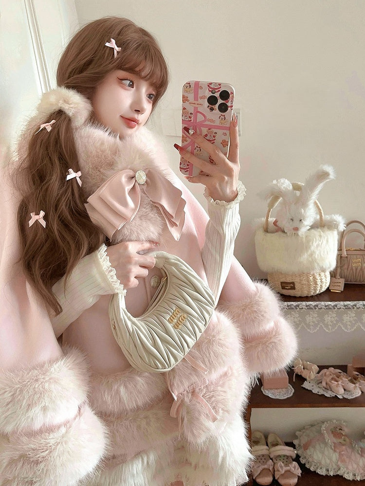 Bow Fur-Trimmed Pink Fleece With Accents Faux Cloak