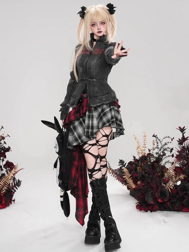 Punk Black Letters Print Distress Trim Slim-fit Denim Jacket