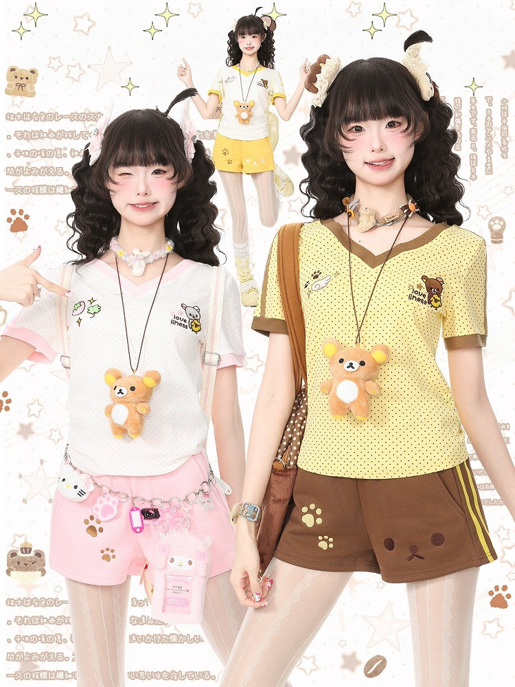 Pink Polka Dot Tee with Bear Embroidery and Doll Necklace - Languid Park