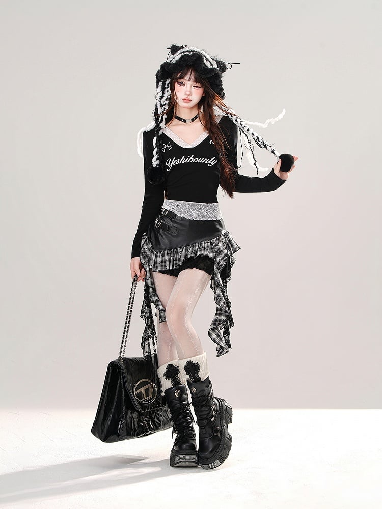 Long V-Neck Neckline and with Black Hem Sleeve Lace Top Patchwork