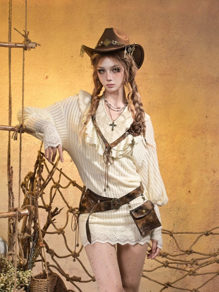 PU with Sleeves Knit V-neck Brown Punk Retro Beige Dress Bishop