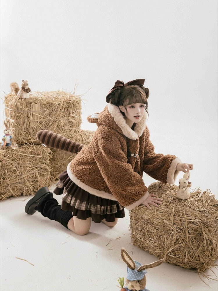 ブラウンフリース レッサーパンダの耳付きフード付き冬用コート