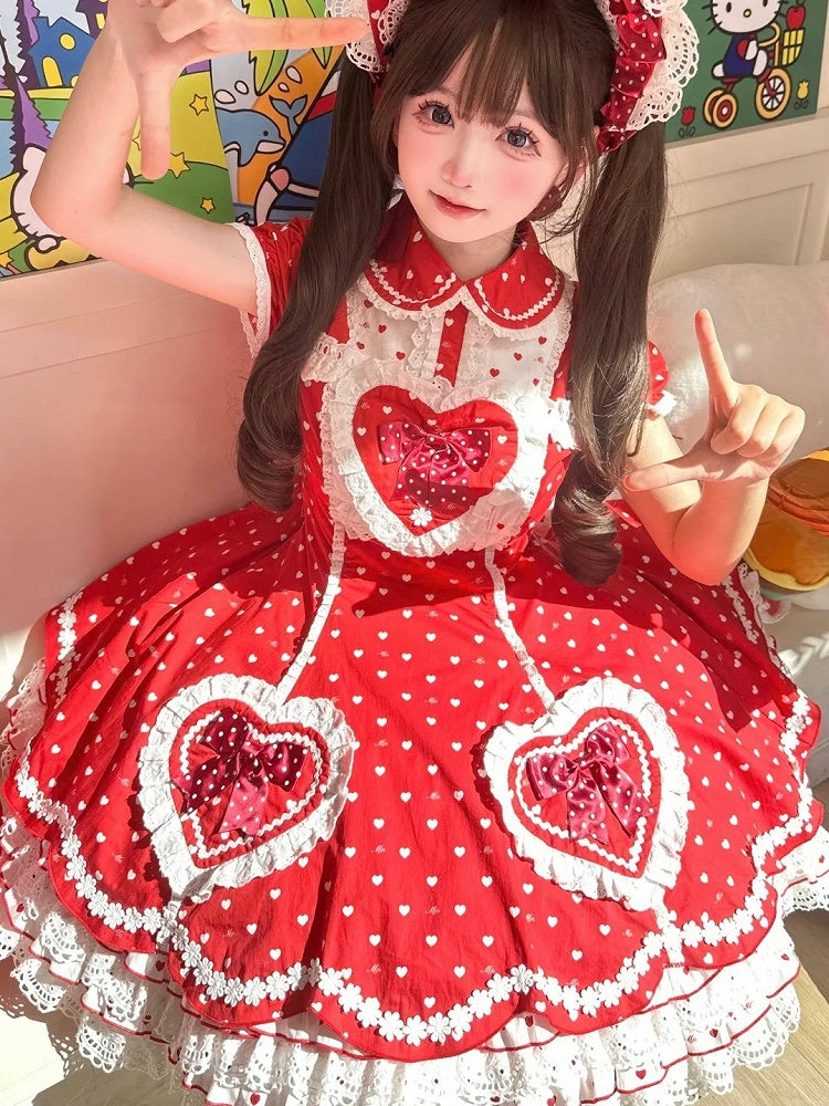 Lolita Dot Sweet Polka Sweetheart Dress Accents with Heart White Applique Red Bow