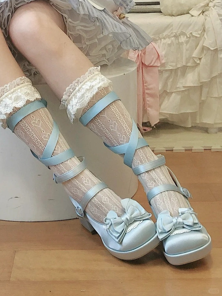 Chunky - Wrap Blue Janes Sweet with Ankle Heel Lolita Satin Heart Snap Scalloped Edge Mary