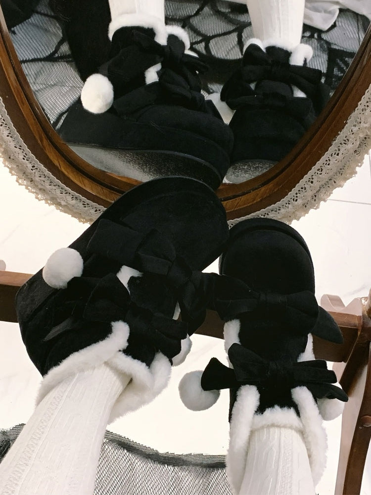 Black Boots Bows - Lolita Pompon Sweet with Style Platform Winter Warm