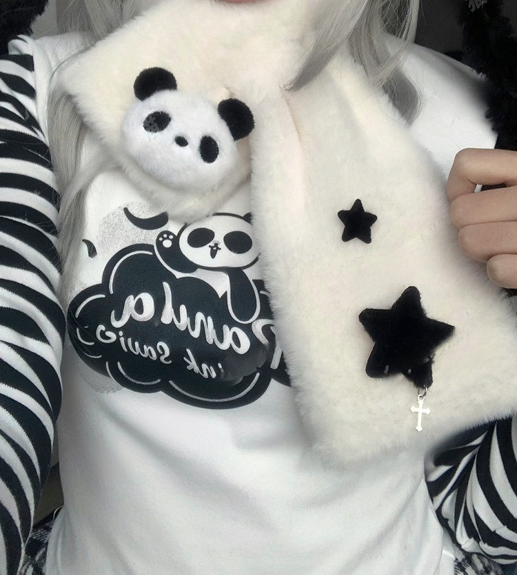 White & Black Cross Plush Scarf with Panda Puppy Plushie