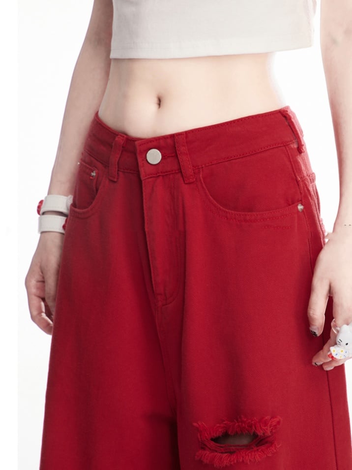 Wide-Leg Jeans Red Low Waist Distressed Holes