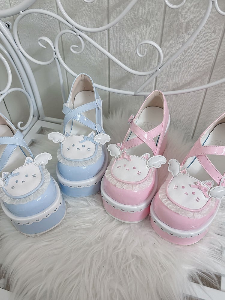 Yume Kawaii Pink Round Toe Kitty Angel Heart Buckle Platform Lolita Shoes