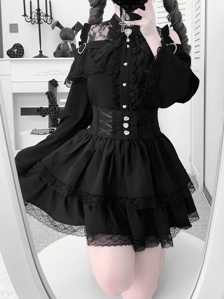 Open Jirai Kei Bell Shoulders Black Set: with Top Three-Piece Sleeves All