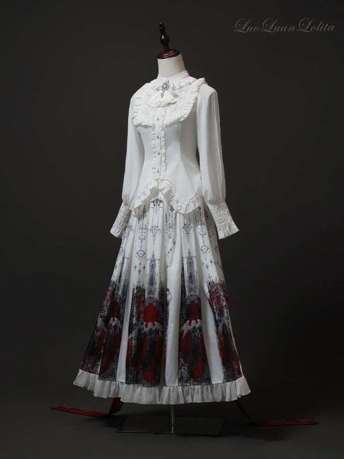 Print Ruffled Red and White Skirt Pleat Box Angel Castle with Hem Gothic