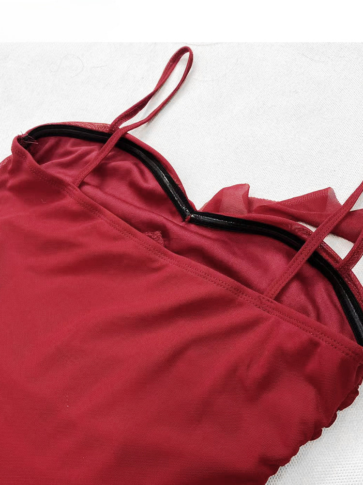 Vintage Red Asymmetrical Ruffled Hem High-low Glamorous Cami Dress