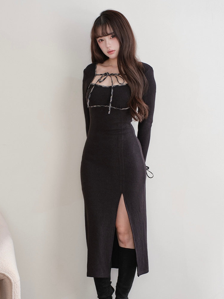 Innocent Jirai Knit Clean Kei Style Long-Sleeve Slit Black Dress