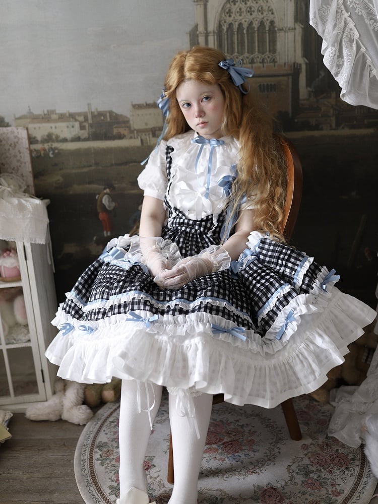Monochrome Checkered Frilly Bow Lolita Jumperdress