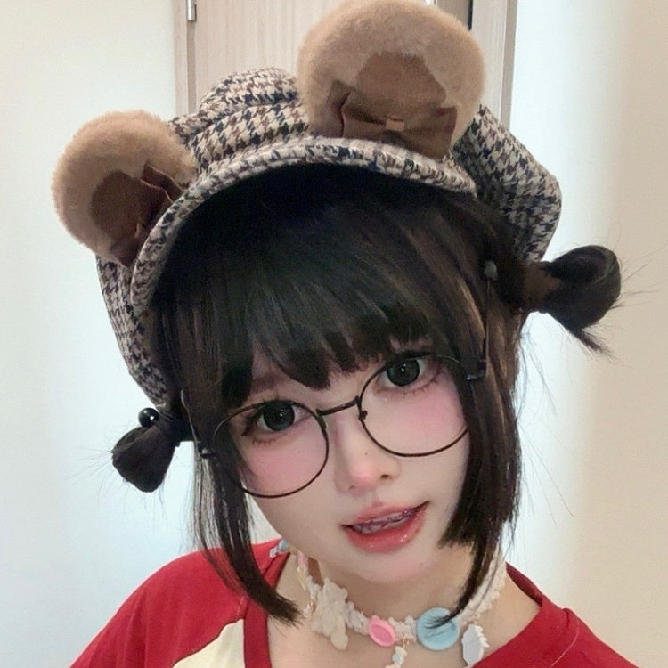 Bear Beret Hat Brown Ear Houndstooth Pattern