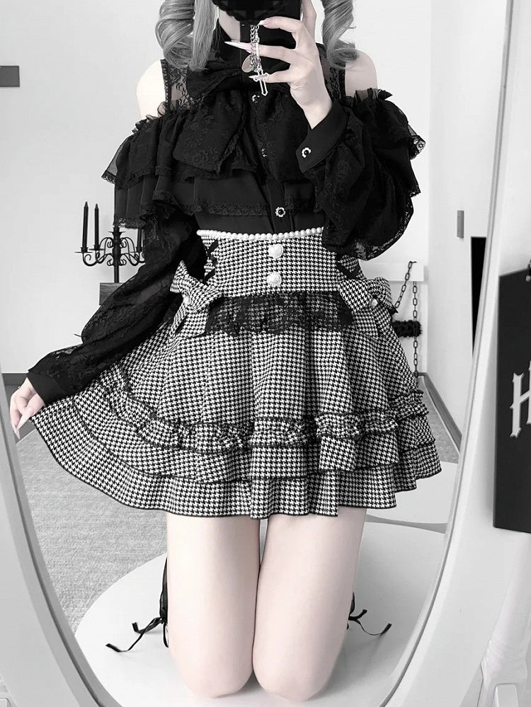 Kei High-Waist Skirt:Elegant Houndstooth Black Laceand Designwith Beading Jirai