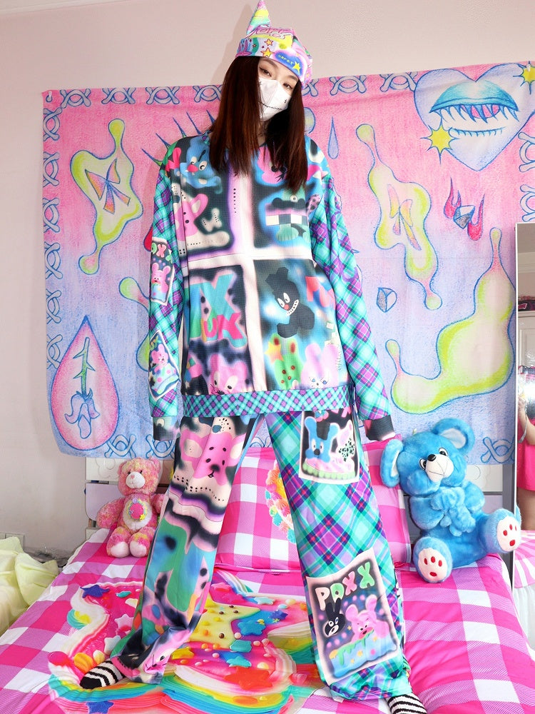 Blau/Rotes Sweatshirt mit Gyaru-Karomuster und Cartoon-Modedruck