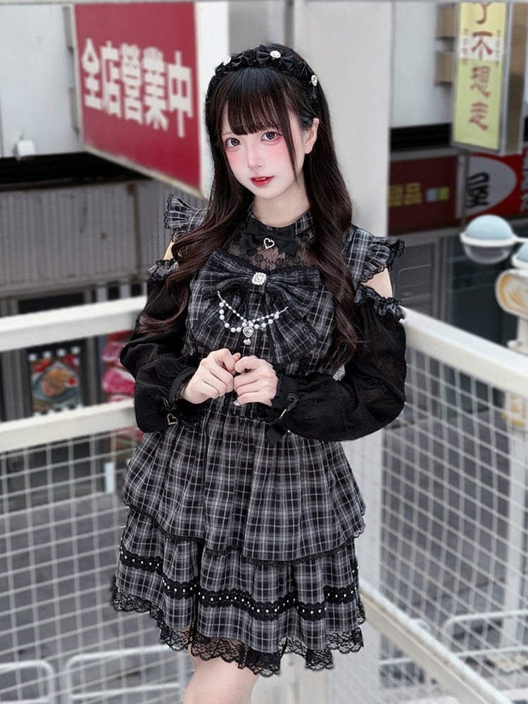 Plaid Cutout Shoulder Jirai Lace Trim Kei Chain with Bead Dress Bow and Black