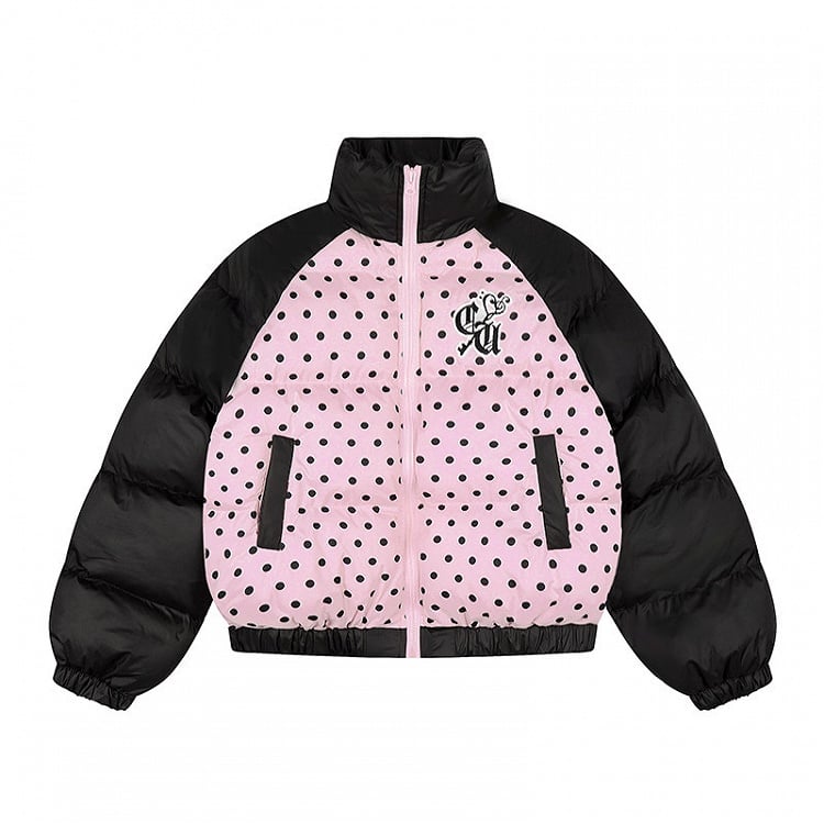 Colorblock Letters Jacket Design Embroidered Dot Polka Pink with