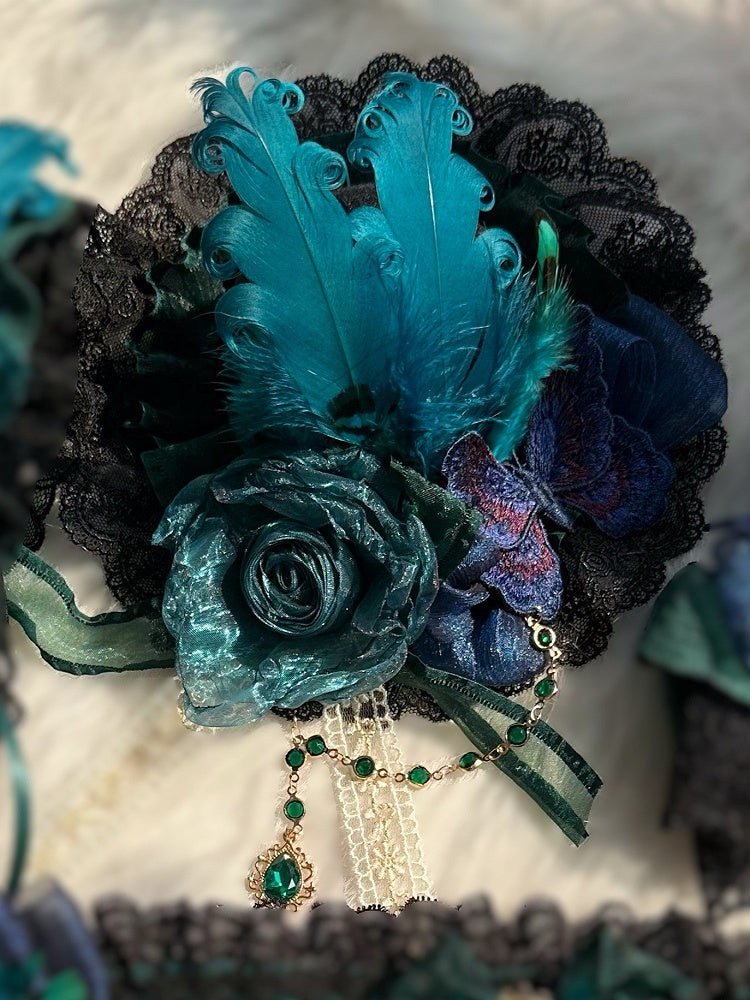 Butterfly Lace Rhinestone Hat Green Flower with Chain Feather Black Peacock Mini Trim