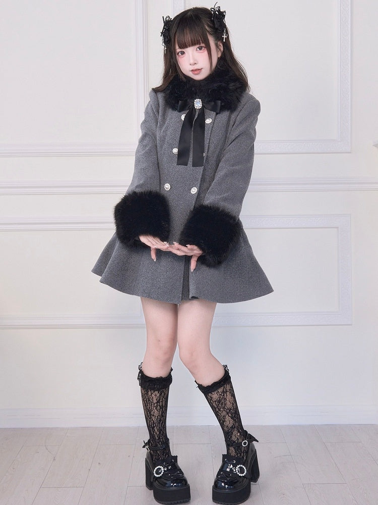 Rhinestone Bow Jirai Coat Double-Breasted Collar Waist-Cinched Kei Gray Cuffs Fuzzy with and