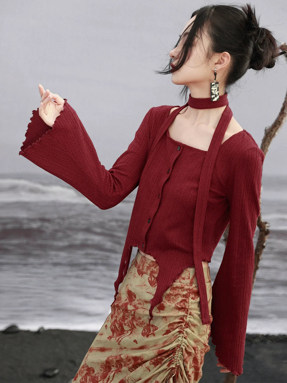 Scarf Flared Retro Sleeve + Red Asymmetrical Top