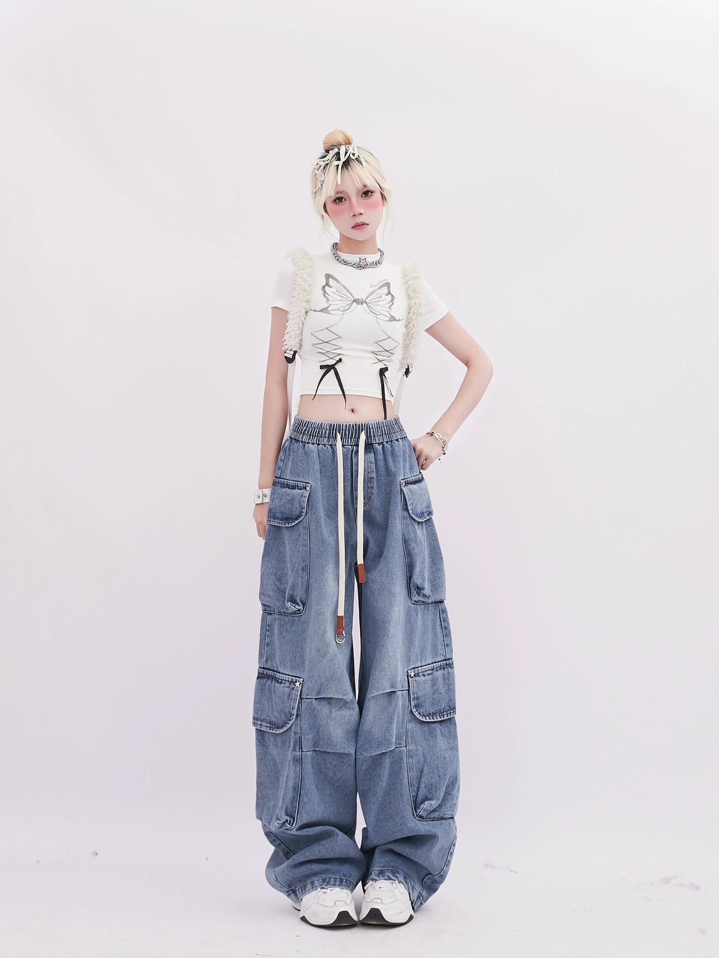 Casual Denim Pocket Wide Pants