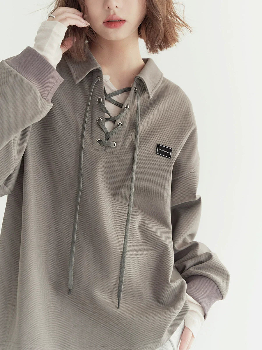 レースアップネックルーズトップポロ