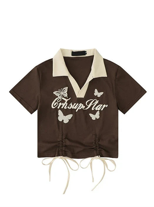 String Low Bow Polo Butterfly Kurzkragen Top V-Ausschnitt